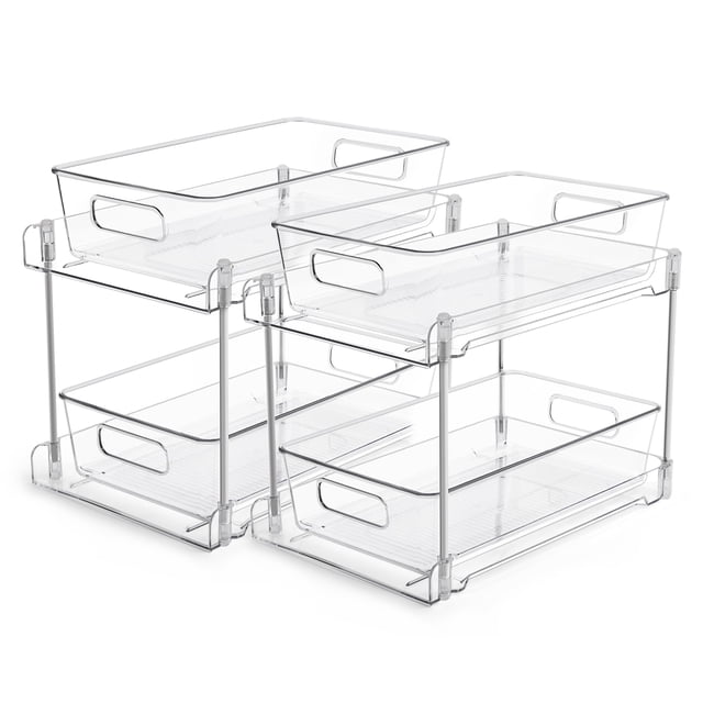 LuxeLine 2-Pack Clear Acrylic Pull-Out Under Sink Organizers - 2-Tier Stackable Drawers with Tracks for Bathroom/Kitchen/Pantry, 15LB Capacity, Tool-Free Install