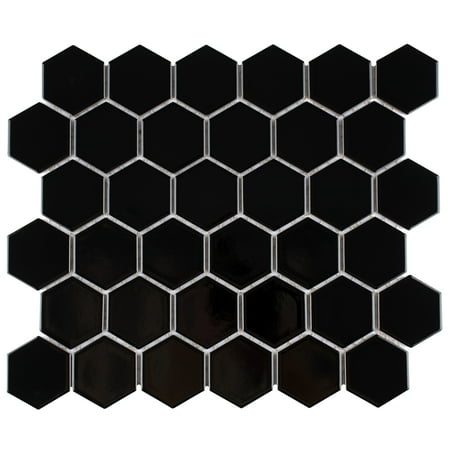 SomerTile Metro Hex 2 in. Glossy Black 11 -1/8 in. x 12-5/8 in. x 6 mm Porcelain Mosaic Tile (9.96 sq. ft. / case)