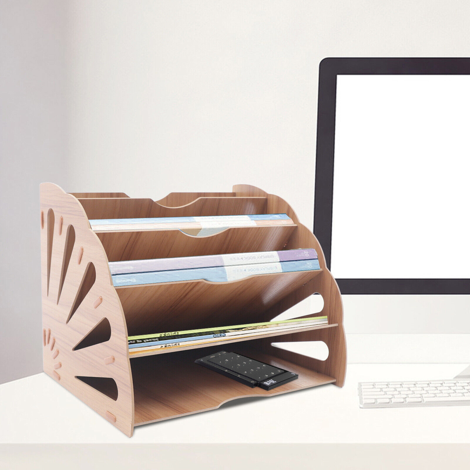 DENEST 5 Compartment Magazines Storage Display Rack FanShaped Desk