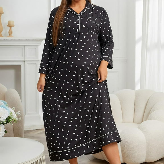 QUINDOS Plus Size Pajamas for Women Button Down Midi Nightgowns for Women Polka Dot Long Sleeve Sleep Dress Casual Solid Loose Home Wear Night Dress