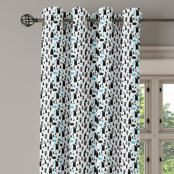 Ambesonne Bear Grommet Curtain Single Panel, Modern Forest Animals Joy, 50"x60", Pale Blue Black White
