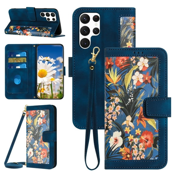 Compatible with Samsung Galaxy S24 Ultra Wallet Case for Women, Shoulder Strap Wristband Premium PU Leather Floral Flip Cover with Card Holder Kickstand Feature Protective Purse Case, Darkblue