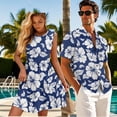 thumbnail image 4 of Uorisanigo Blue Hibiscus Couple Matching Outfit Men's Button Down Shirt Size L Summer Workwear Hawaiian Tops and Womens Sleeveless Dress A-Line Elastic Waist Beach Vacation Sundress, 4 of 8