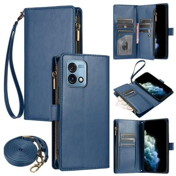 for Motorola Moto G Stylus 5G 2023 Phone Case, Zipper Pocket Wallet Card Holder Wrist Strap Crossbody Strap Kickstand Luxury Folio Flip Leather Phone Case Cover for Women Men, Blue