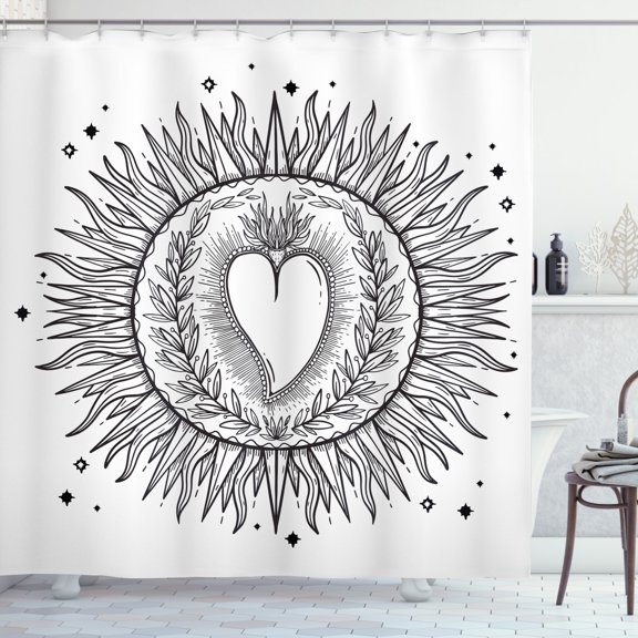 Ambesonne Alchemy Shower Curtain, Sun with Heart Art, 69"Wx70"L, Charcoal Grey and White