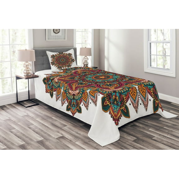 Ambesonne Mandala Quilted Bedspread Set 2 Pcs, Pattern, Twin Size, Multicolor