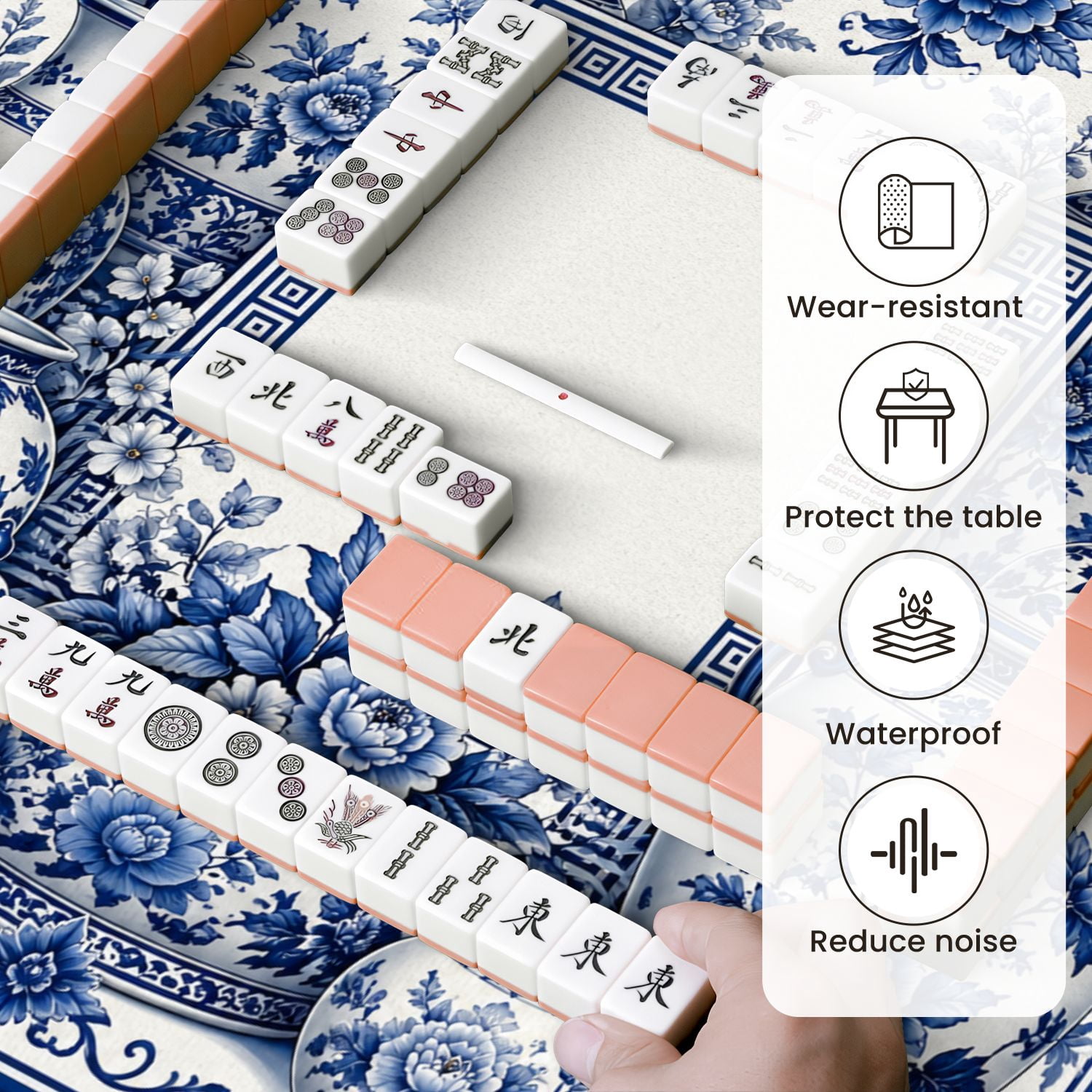 Mahjong Mat 31.5" x 31.5" Blue White Porcelain Vases Jars Floral Non-Slip Noise Reduction Mahjong Tiles Table Cover for Dominoes Poker Card Board and Tile Games