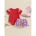 thumbnail image 4 of Musuos Baby Girl 4th of July Outfit, 3M 6M 12M 18M Letter Print Short Sleeve Romper Elastic Waist Skirt Shorts Bow Headband Summer Set, 4 of 10