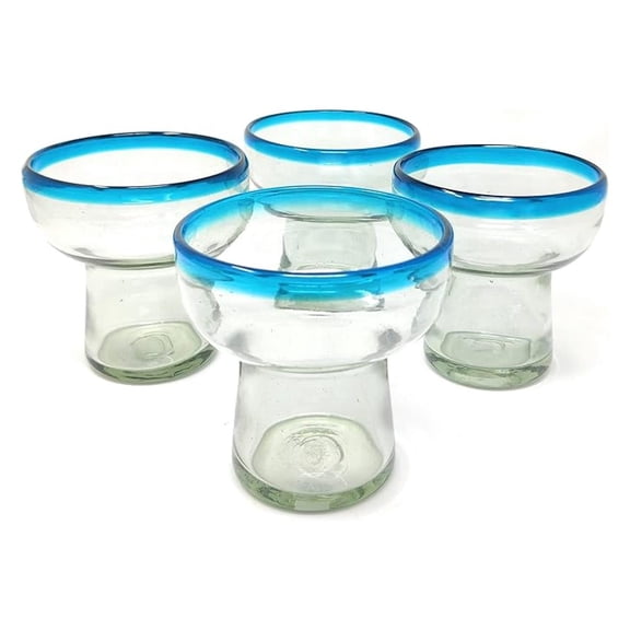Mexican Hand Blown Glass – Set of 4 Hand Blown Stemless Aqua Rim Margarita Glasses (14oz)