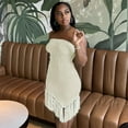 thumbnail image 1 of Women Strapless Dress Contrast Color Irregular Party Dress with Tassel, 1 of 2