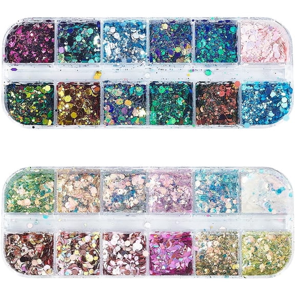 2 Box 24 Colours Nail Art Glitter Kit Irregular Nail Glitter Iridescent Flakes Holographic Sequins 12 Grids Each