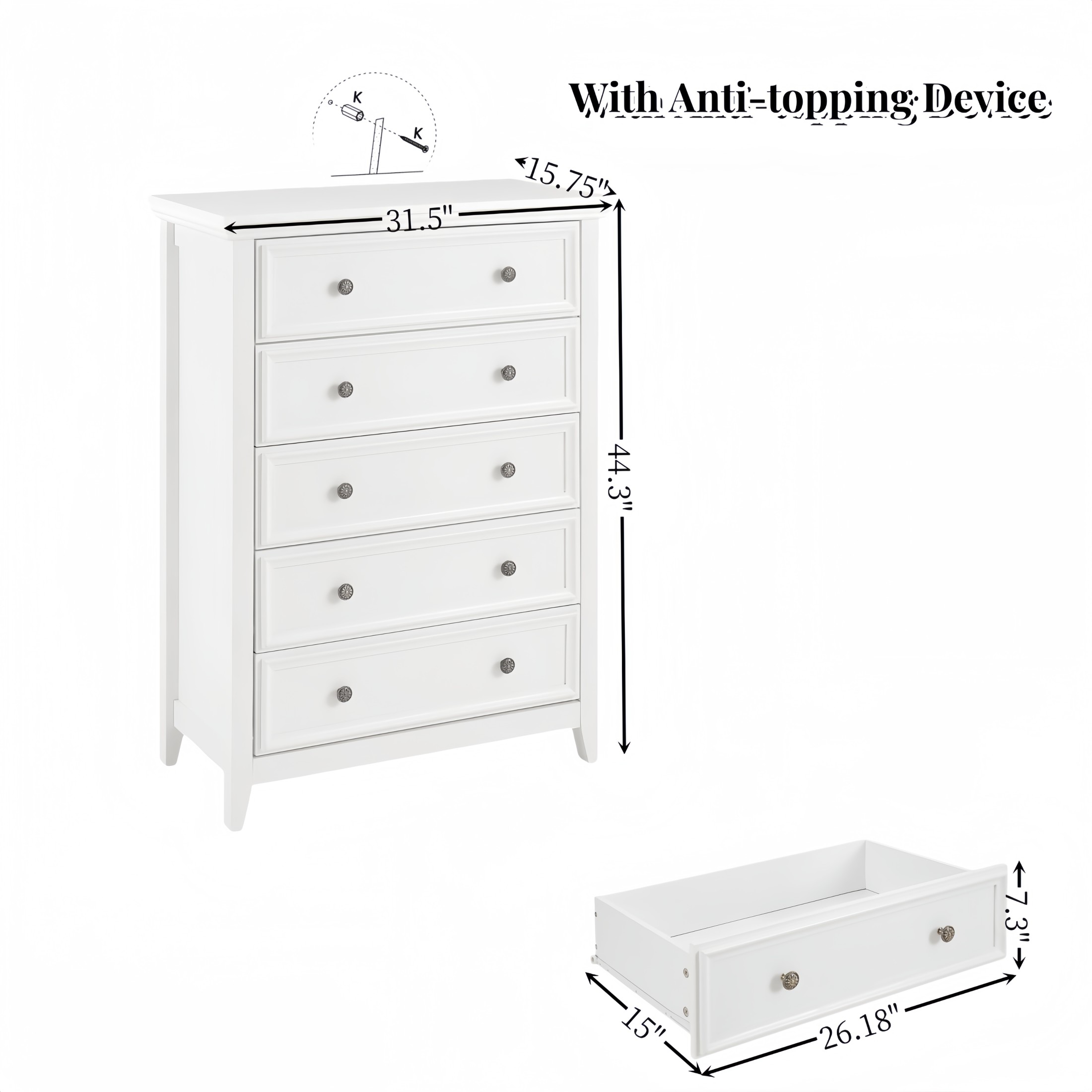 Noble House Eldune Modern Farmhouse 5-Drawer Dresser, Tall Clothes Storage Chest Organizer, for Living Room, White