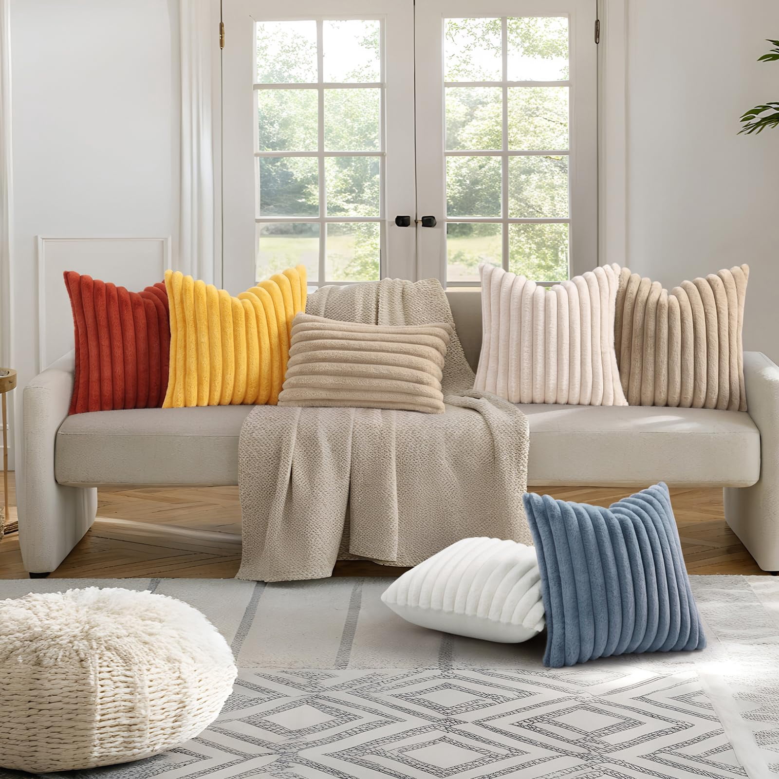 decorUhome Pack of 2 Faux Fur Plush Throw Pillow Covers 26x26, Soft Fluffy Striped Decorative Couch Pillow Covers , Beige
