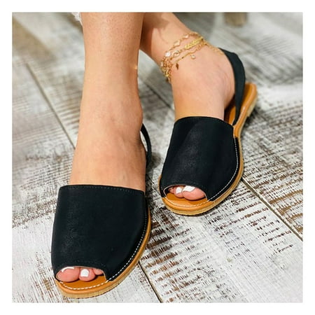 

Faux Leather Peep-toe Sandals for Women Fish Mouth Summer Beach Flat Heel Shoes