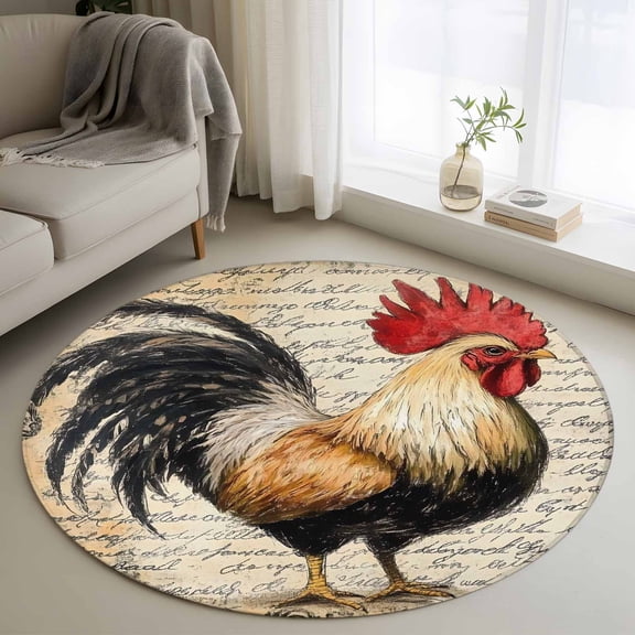 Round Rugs 3Ft, Vintage Rooster Round Area Rug Washable Indoor Throw Carpet, Watercolor Farmhouse Animals Small Non Slip Circle Rug for Bedroom Living Room Home Decor Aesthetic