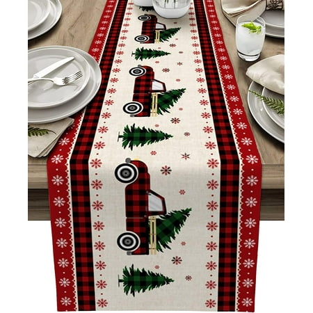 

Christmas Elk Deers Snowflakes Red Plaid Linen Table Runners Holiday Party Decoration Farmhouse Table Runners Navidad Decoration
