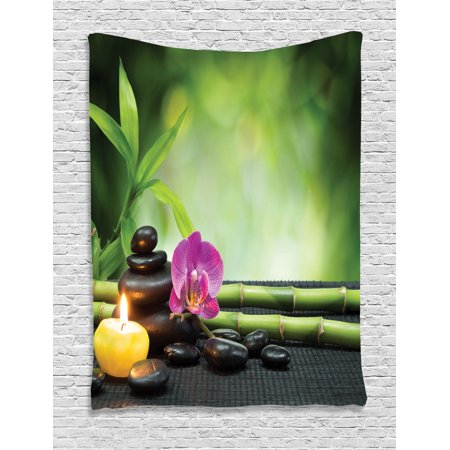 Spa Decor Wall Hanging Tapestry, Orchid Bamboo Stems Chakra Stones Japanese Alternative Feng Shui Elements Therapy Design, Bedroom Living Room Dorm Accessories, By