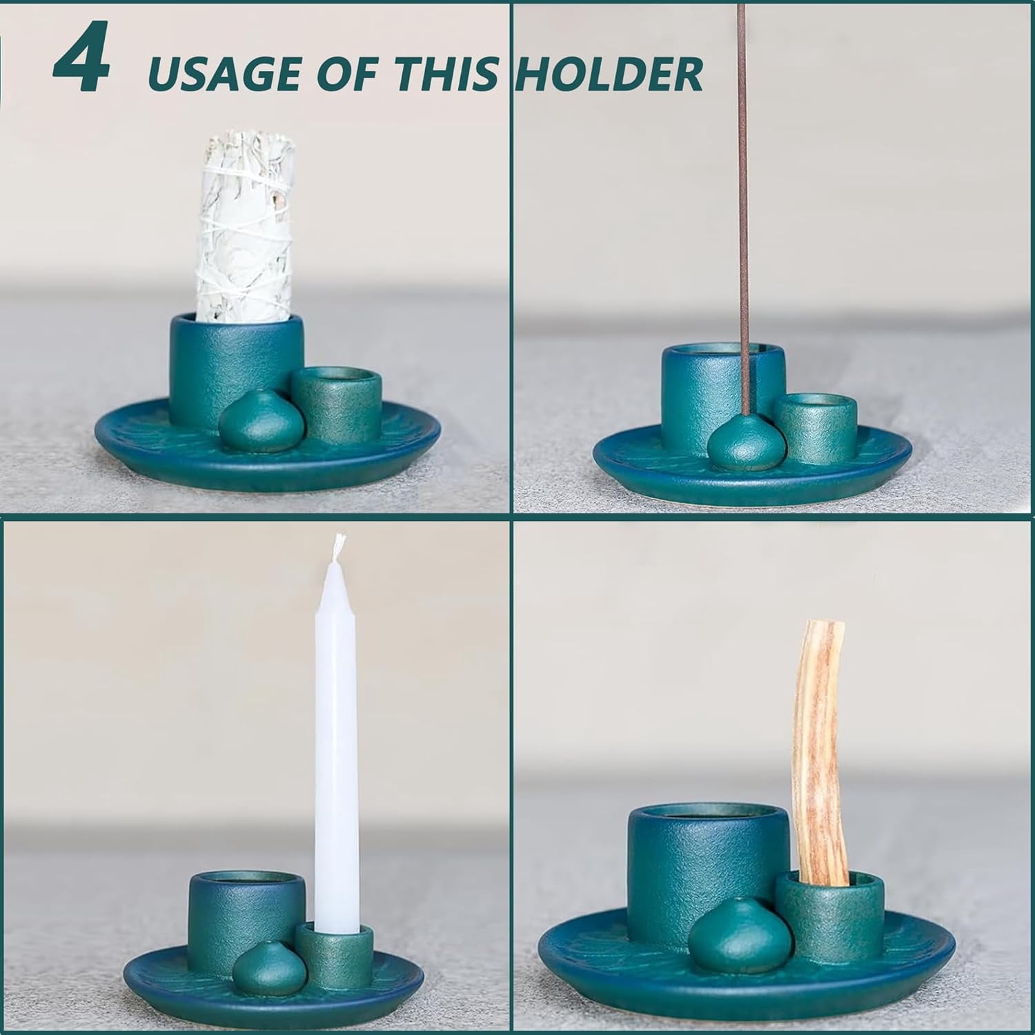 4 in 1 Incense Burner Holder: Ceramic Incense Holder Sage Holder for Burning, Candle Holder Stick Incense Holder, Palo Santo Holder, Incense Tray Ash Catcher Tray for Meditation Yoga Room (Blue)