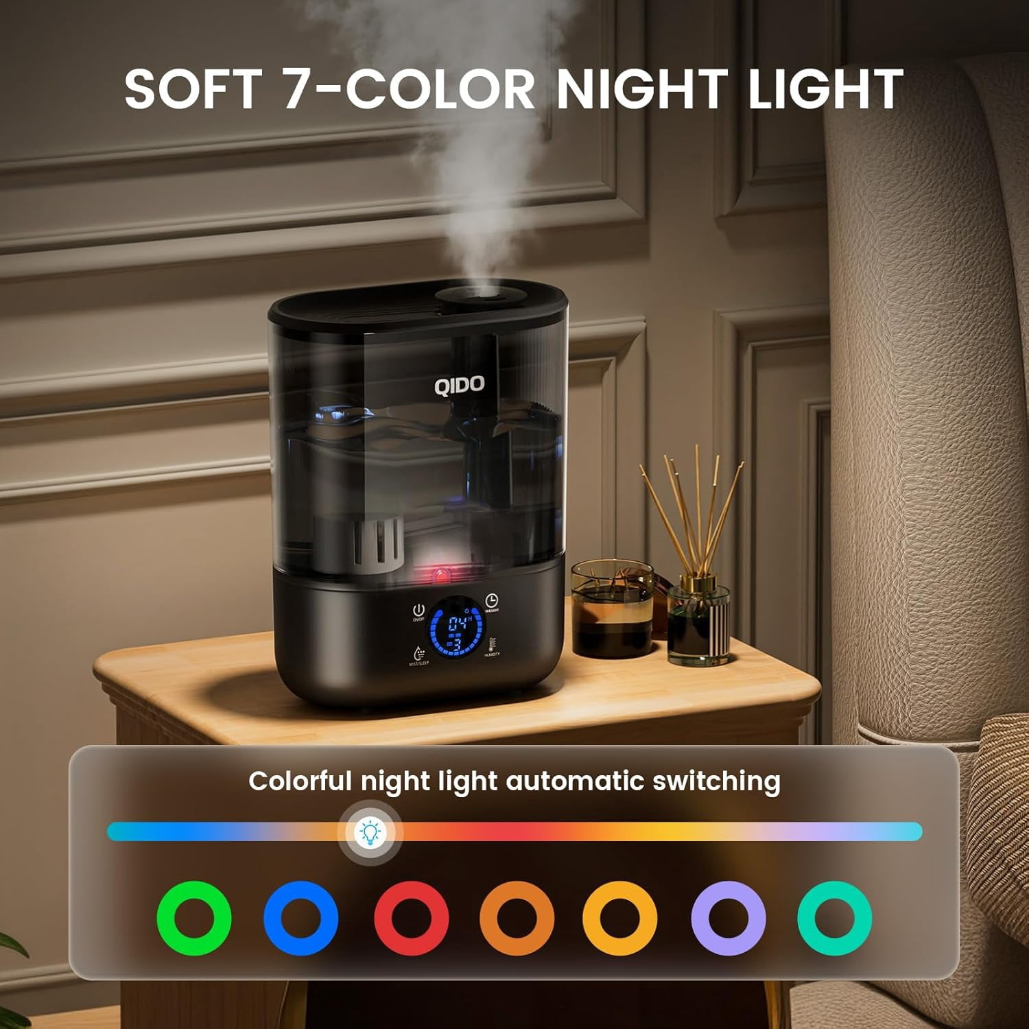 Top Fill Humidifiers for Bedroom, 5 L Cool Mist 36H Super Long Time, Quiet 28dB Essential Oil Diffuser for Baby & Plants, 3 adjustable Mist with Touch/APP/7-color Nightlight, Auto Shut-off, Black