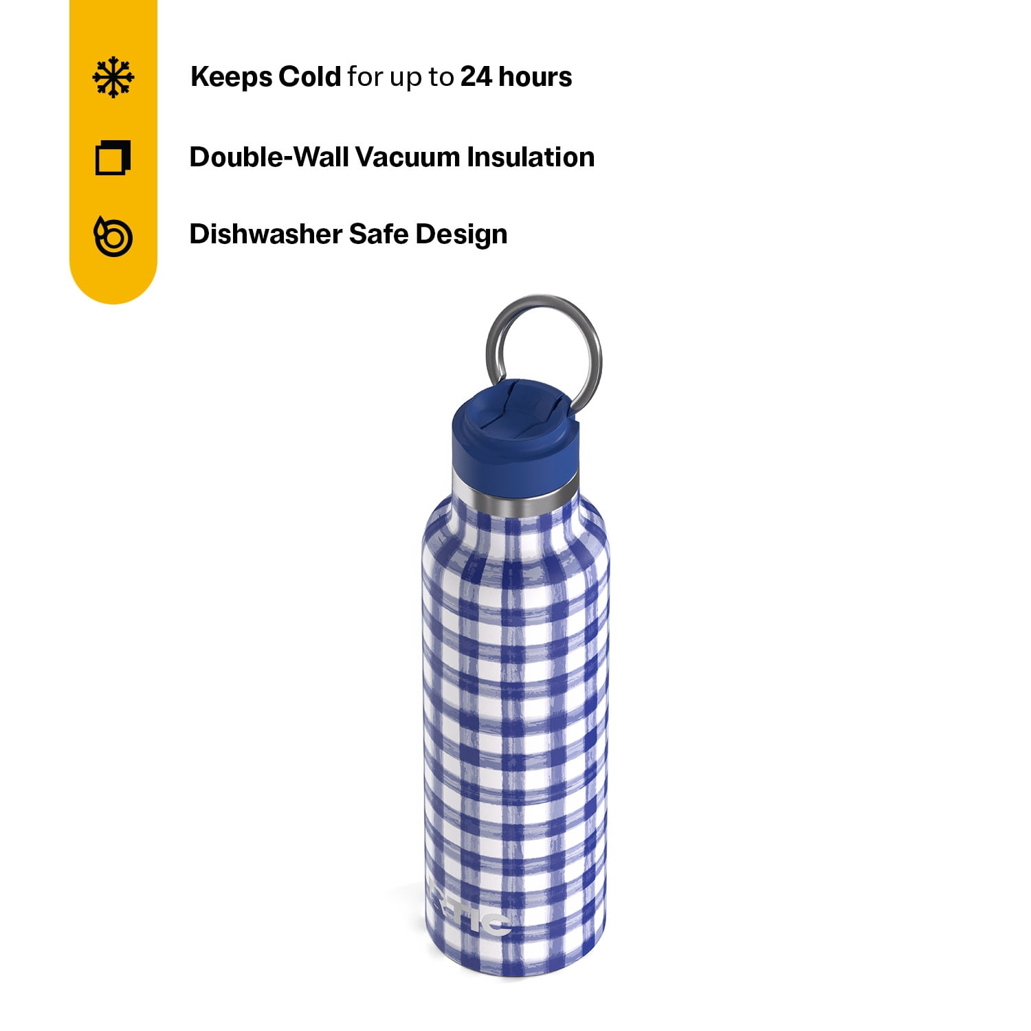 RTIC 20 oz Ceramic Lined Insulated Journey Water Bottle, Leak-Proof Lid, Cobalt Gingham