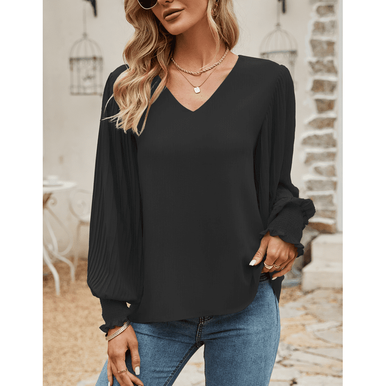 Aifer Blouses for Women Fashion 2023,Plus Size Black V Neck Long Sleeve  Shirts,Elegant Loose Tunic Tops to Wear with Leggings Business Casual  Outfits 