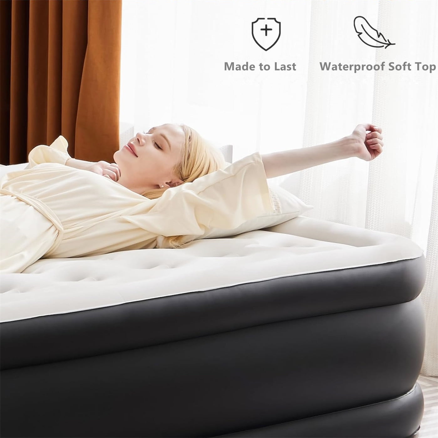 TINKLE WELL 22" Queen Size Air Mattress with Built-in Pump Waterproof Inflatable Bed Portable Blow-Up Airbed for Home Camping and Guest Use