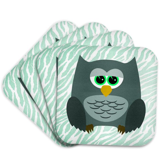 3drose, Print of Gray Green Owl on Teal Zebra, Set of 4 Coasters - Soft