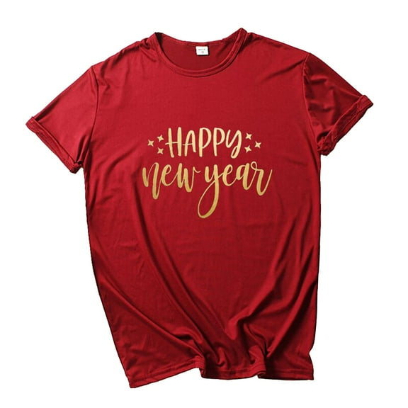 Lilgiuy Discount Happy New Year Women 2022 Trendy Tshirt Letter Printing Short Sleeve Comfort Crewneck Tee Tops Tunic Blouse