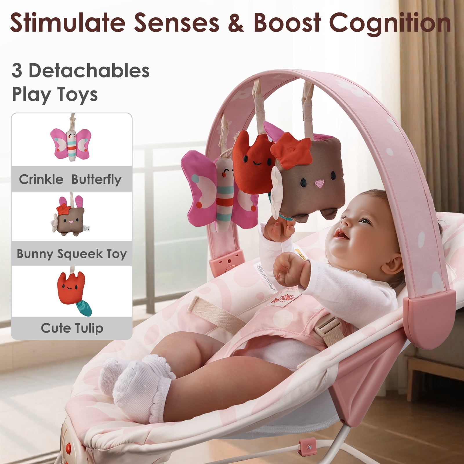 Tiny Marvels Baby Bouncer Seat with Soothing Vibrations and Music Sensory Toy, Age 0-6 Months(Blush Bloom)