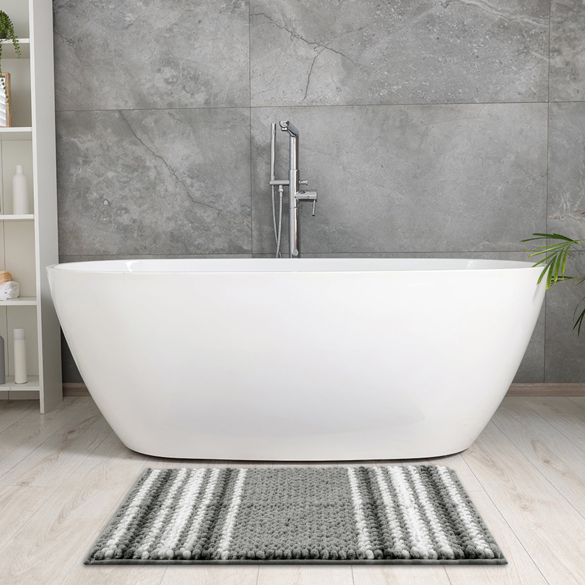 Unique Bargains 2 Pcs Soft Absorbent Fluffy Chenille Bath Mats Striped Non Slip Rugs Grey/Khaki 20" x 32"