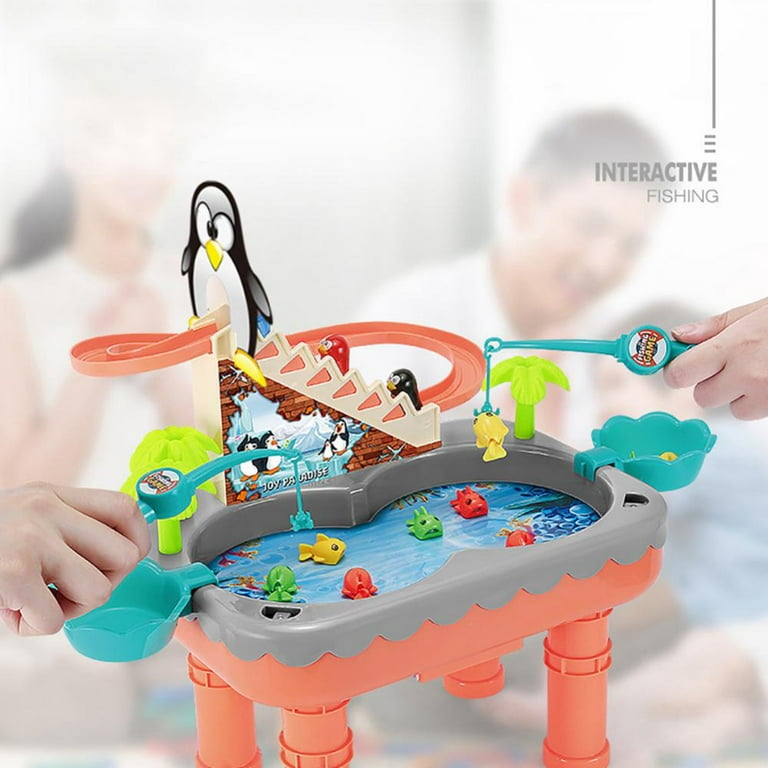 Synpos Kids Fishing Game Toys with Slideway, Electronic Toy Fishing Set with Magnetic Pond, 9 Fish, 3 Penguin, 2 Toy Fishing Poles, Size: 44.5, Orange