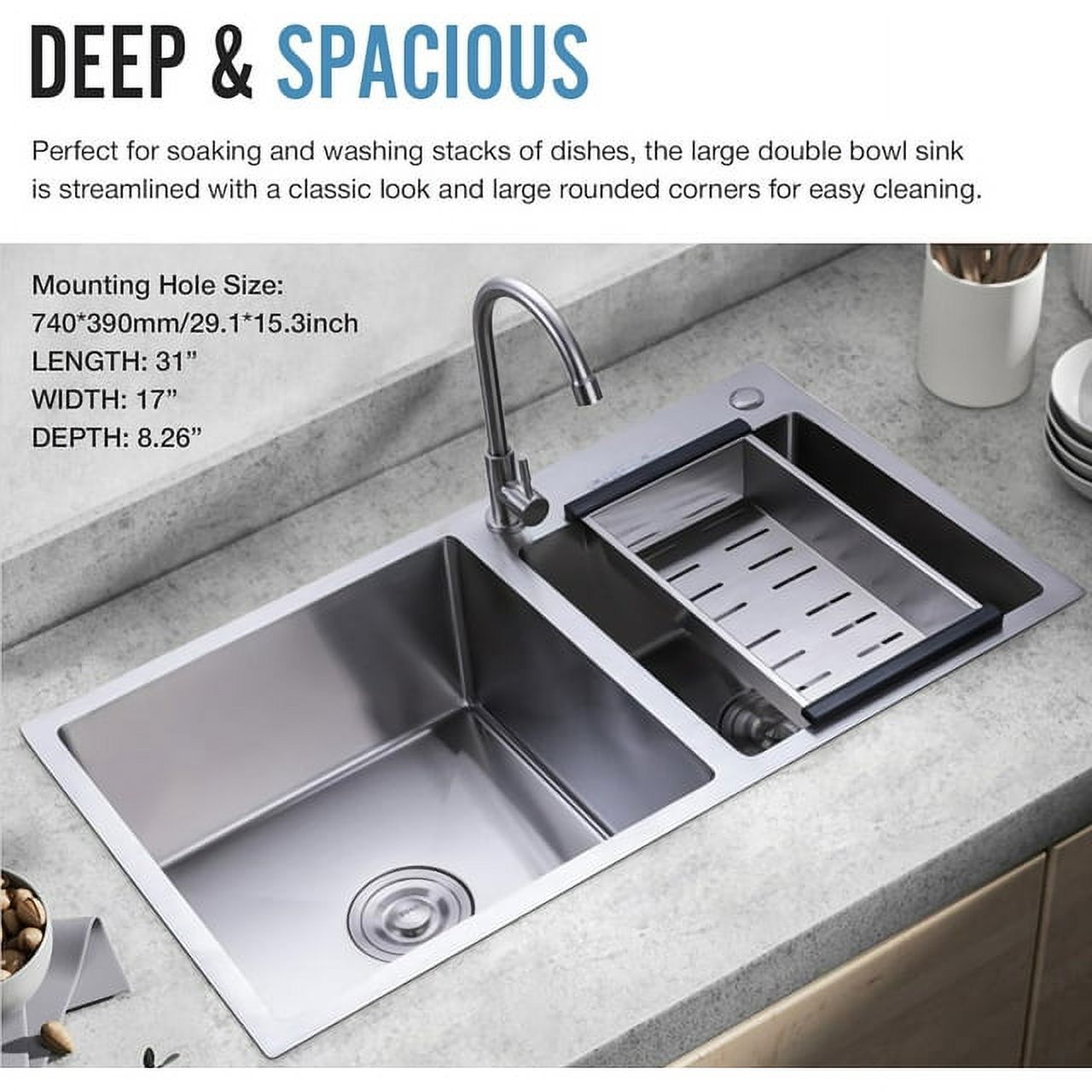 Hozodo Kitchen Sink Drip-in Stainless Steel Sink Double Bowls 30.7" x16.9"