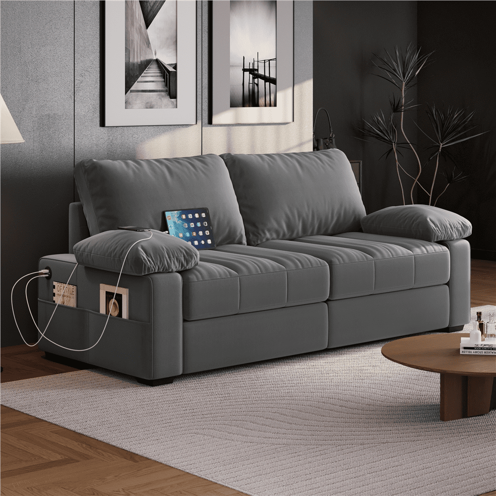 Renwick 2 Seater Velvet Sofa Couch with Pillow Top Arms & USB Charging Ports, Gray