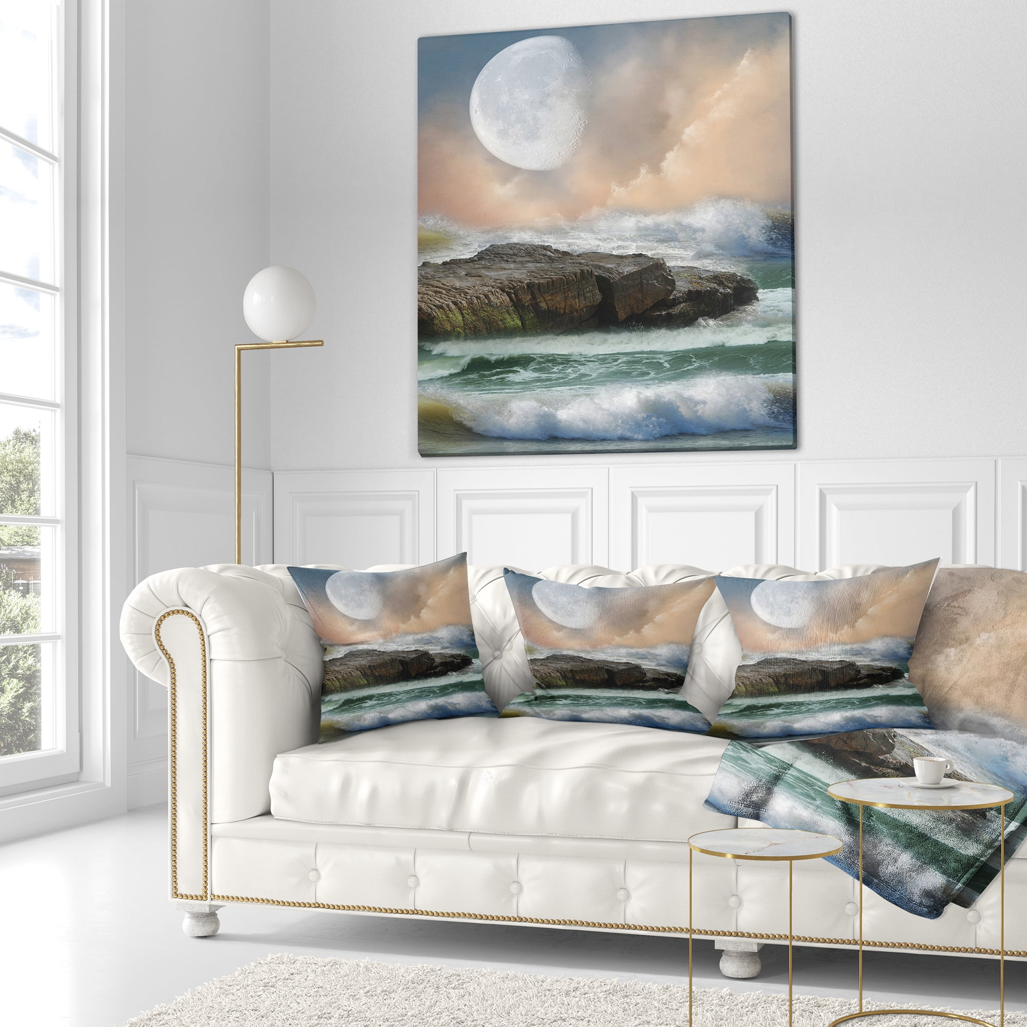 Designart Roaring Ocean Under Large Moon - Seascape Photography Throw Pillow - 16x16