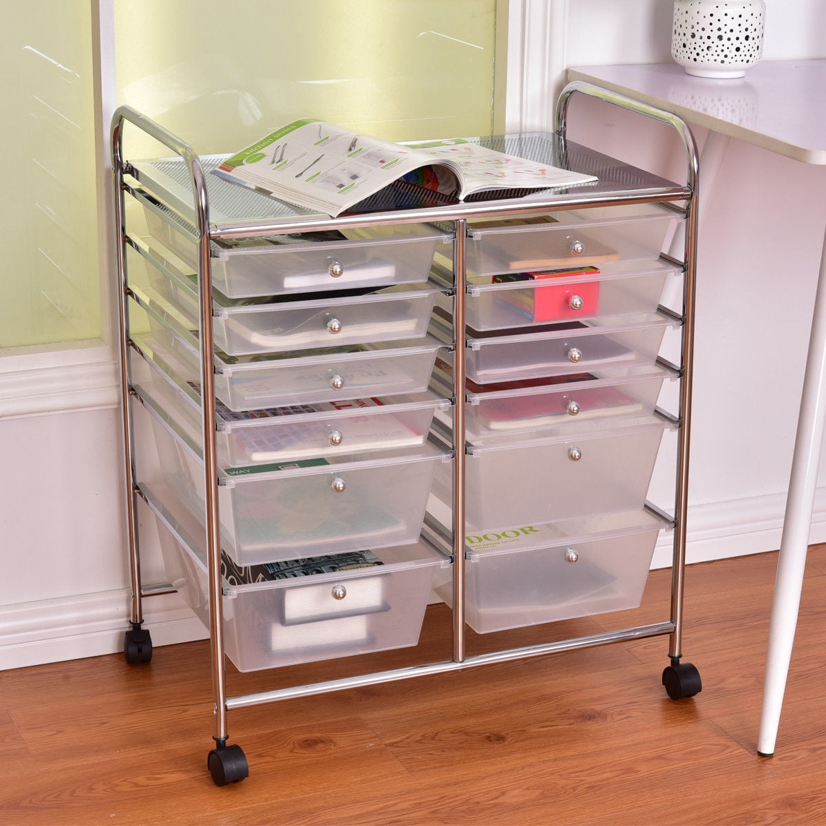 Rolling Storage Cart With Wooden Lid Board for Kitchen Office Beauty Supplies 