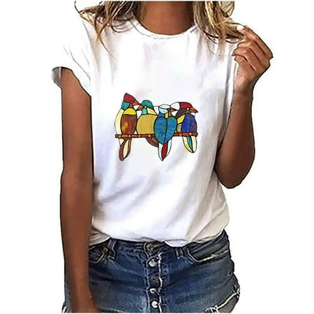 

Dressy T Shirts for WomenWomen s Fashion Little Bird Animal Print Female Round Neck Loose T-shirt Workout Tops for Women