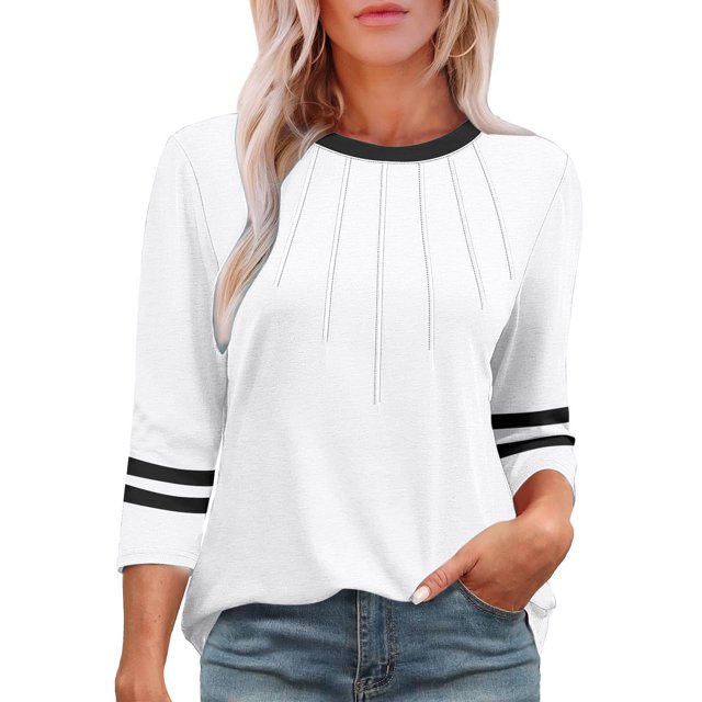 SwiftWear T-Shirts pour Femmes Manches 3/4 Tendance Été Haute Saturation Chemises Rayées Couleur Unie Tunique Décontractée Habillée