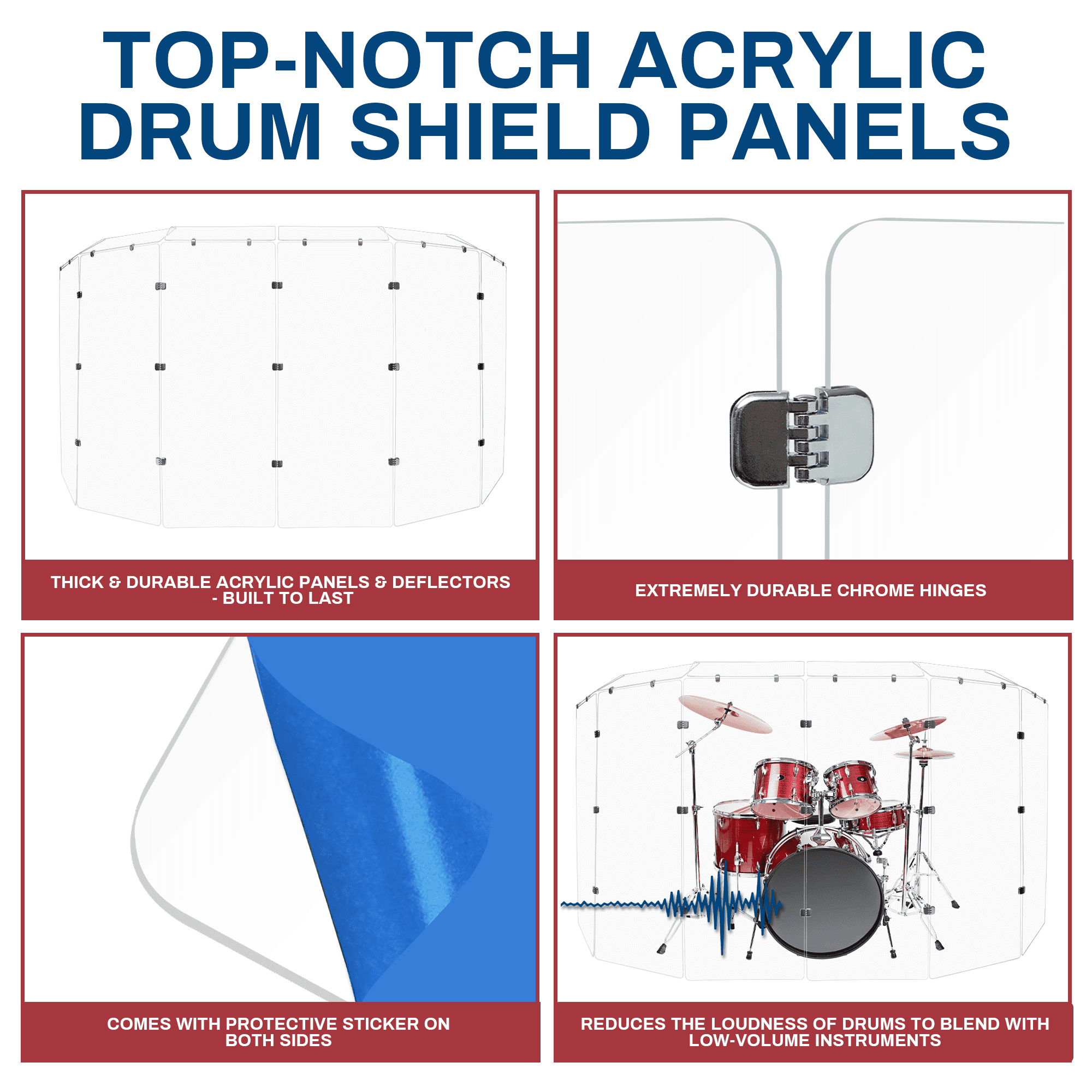 PENNZONI Drum Shield, 3 Panels & Deflectors w/ Chrome Hinges, 5 ft Clear Acrylic Panels