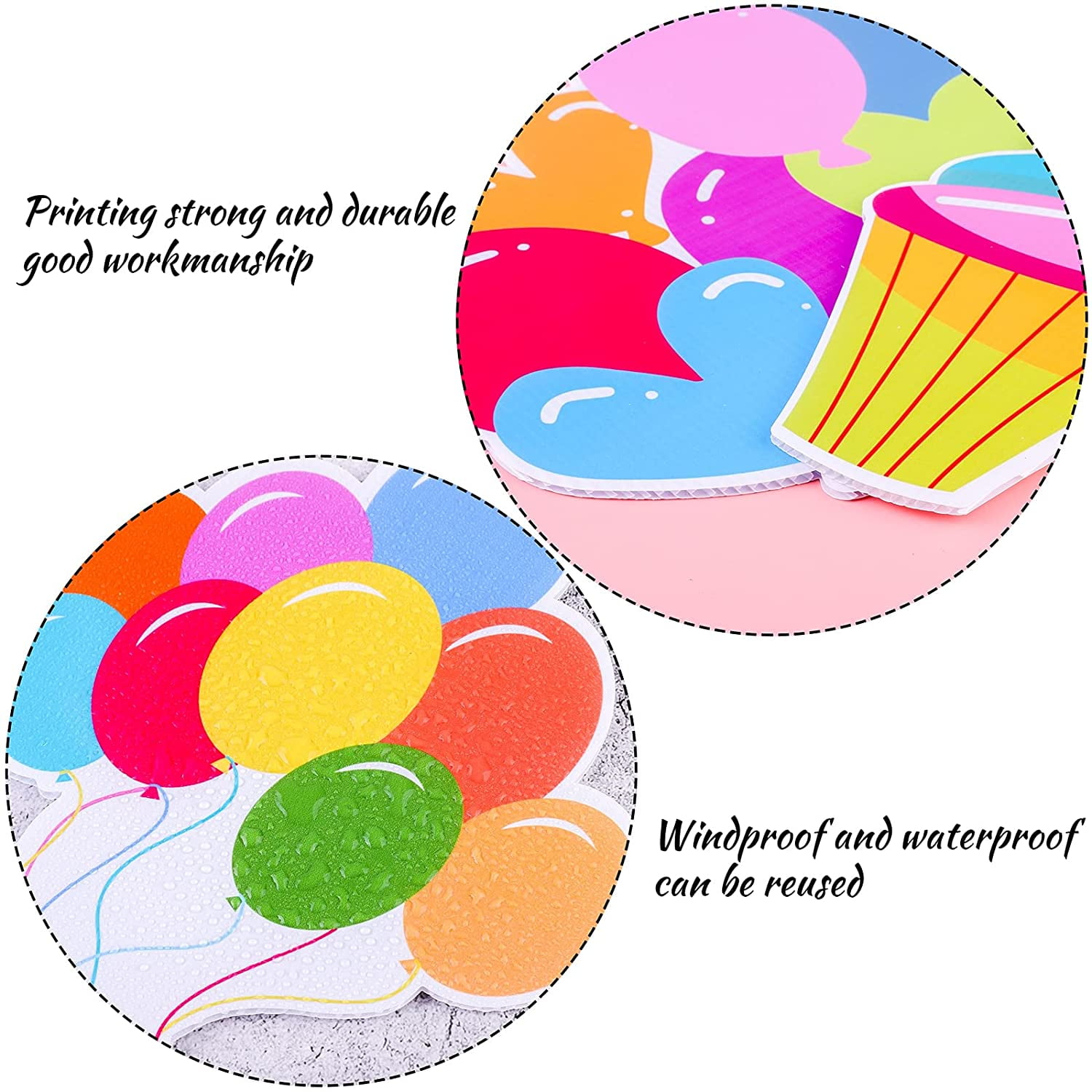 10 Pieces Happy Birthday Lawn Yard Signs with Stakes Colorful Outdoor Birthday Sign Corrugated Plastic Signs with Letters, Party Hat, Hearts, Fireworks, Balloons, Ice cream