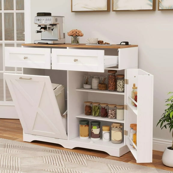 Auranook Trash Bin Cabinet, Tilt Out Garbage Cabinet w/Anti-Tipping Kit, 2 Drawers & Adjustable Shelves, Barn Door
