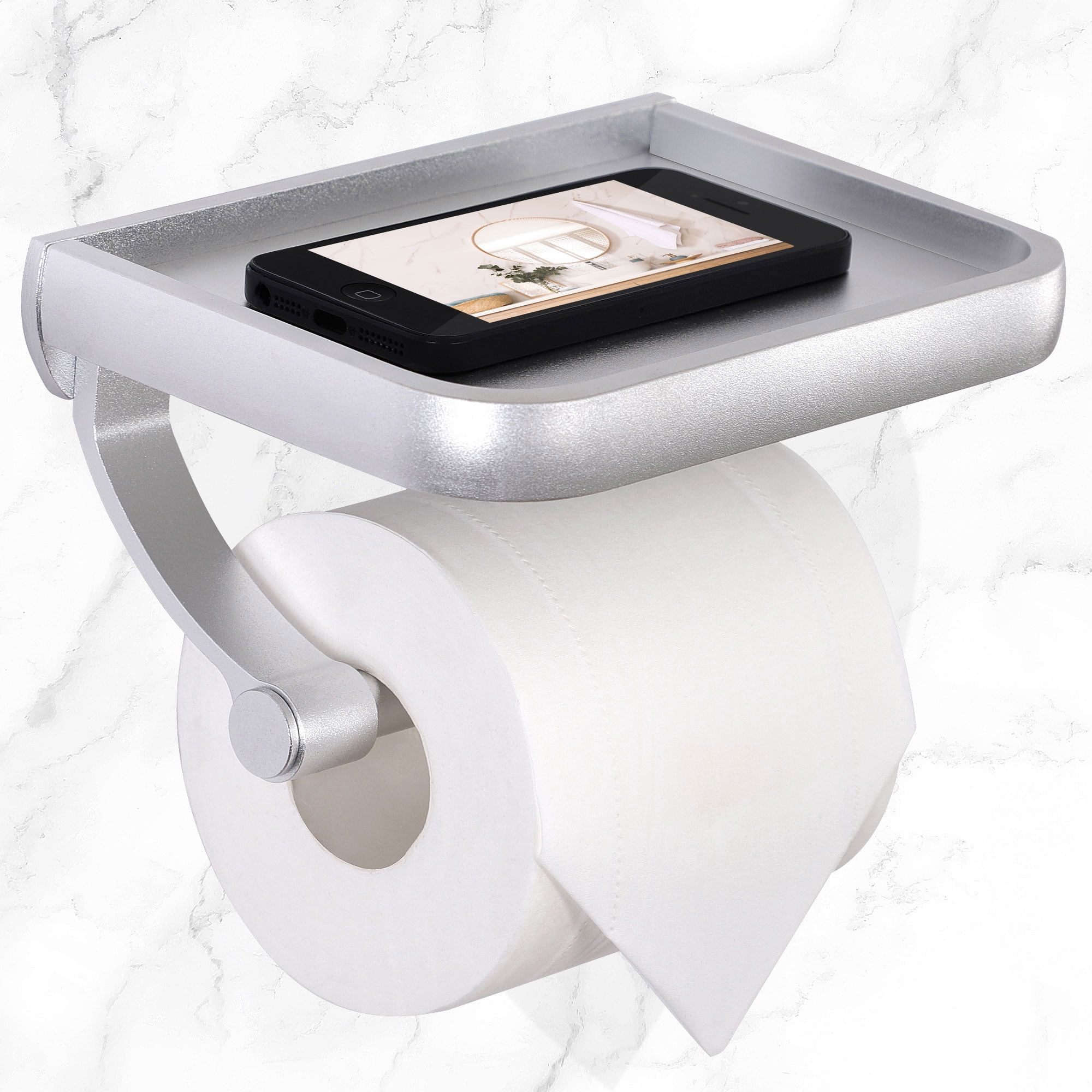 Uxcell Toilet Paper Tissue Holder with Phone Shelf Aluminum Alloy Matte Silver