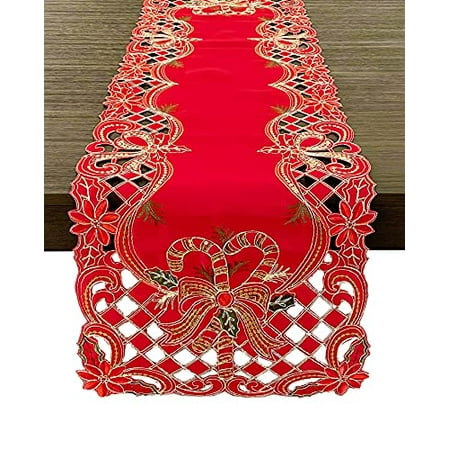 

Fennco Styles Christmas Embroidered Sequin Candy Cane Holly Ribbon Cutwork Border Table Runner 16 W x 68 L - Red Table Cover for Home Holiday Décor Dining Room Banquet Special Occasion