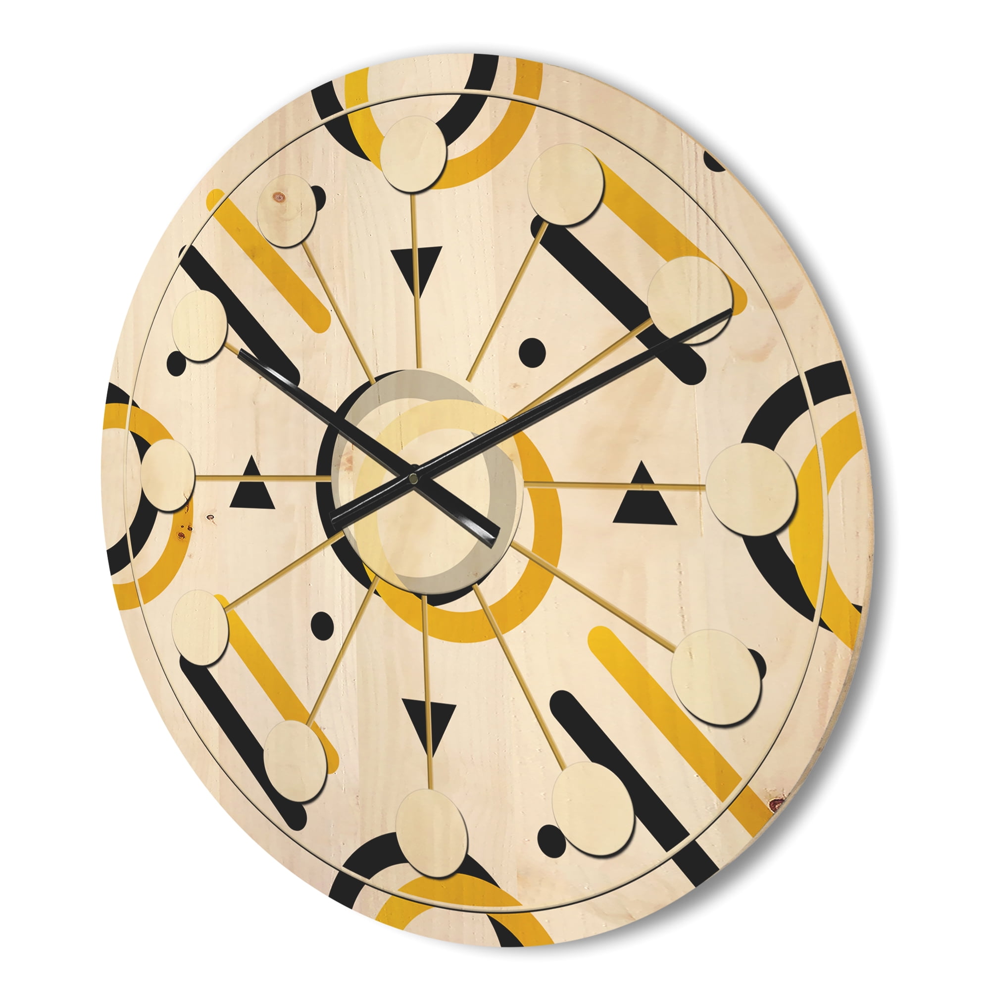 Designart 'Trendy Gold and Black Triangular Pattern II' Mid-Century Modern Wood Wall Clock