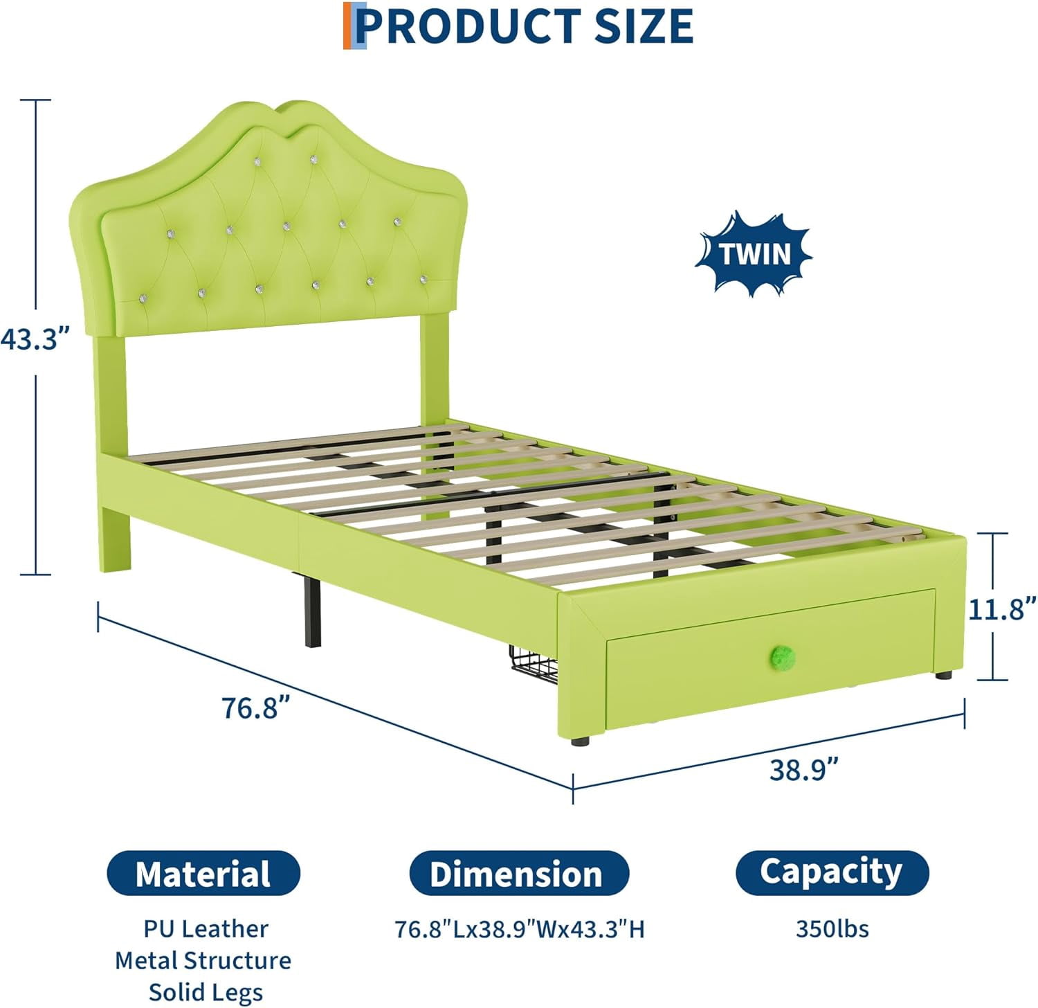 Twin Size Bed Frame with LED Lights & Velvet Upholstered Girls Platform Bed with Storage Drawers,No Box Spring Needed,Easy Assembly, Noise Free,Green