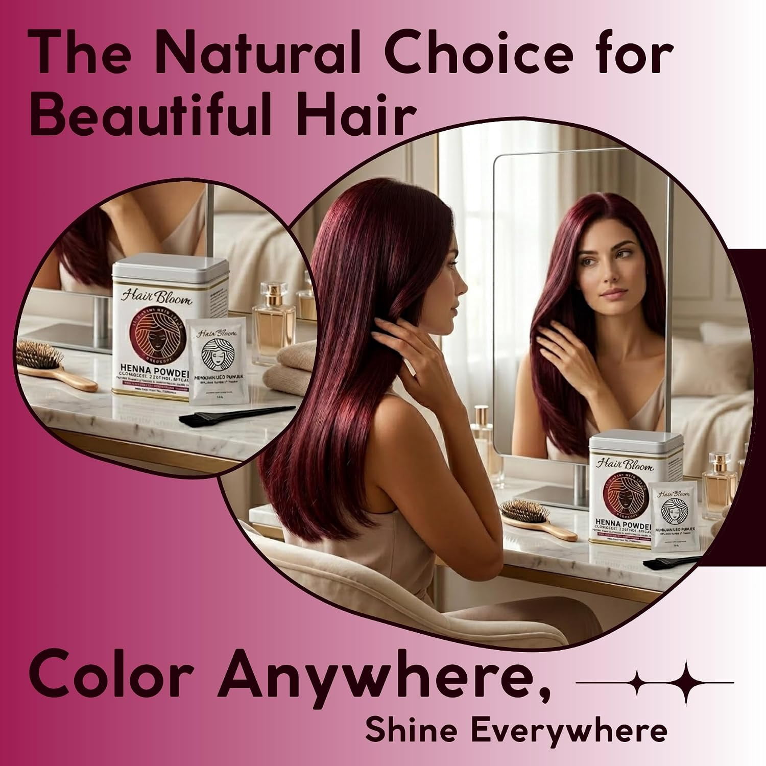 Pride Of India - Hair Bloom Natural Burgundy Hair Color- Herbal Henna Burgundy Hair Color| Net WT 120 GMS  Powder-12 Ct, 10 Gms Sachets-Reusable Brush And Tray Included- Shiny And Smooth