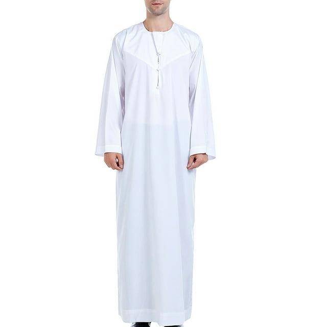 RXIRUCGD Robe Musulmane pour Homme Robe Arabe Mi-Longue Style Long Manche Longue Col Poche Longue Chemise Mode Décontractée Robe, Blanc, Taille : TG
