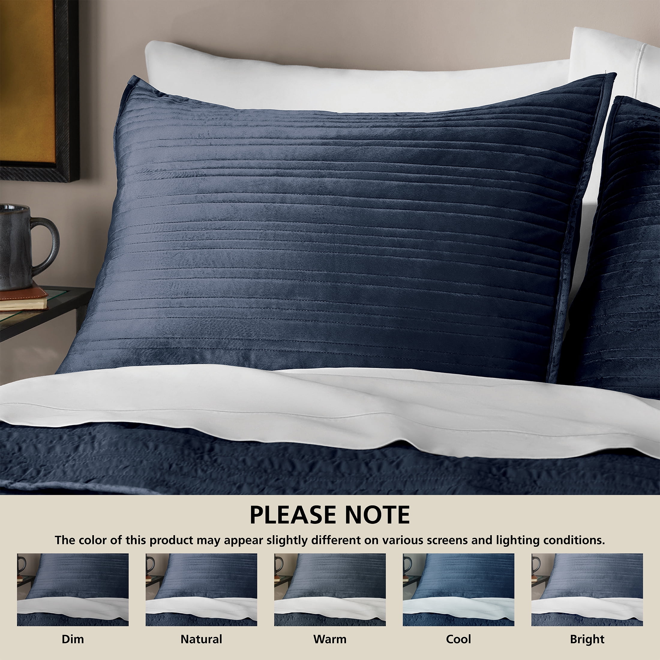 Mainstays Soft Velvet Stripe Quilted Pillow Sham, Dark Blue, King, 2 Pack, All Ages