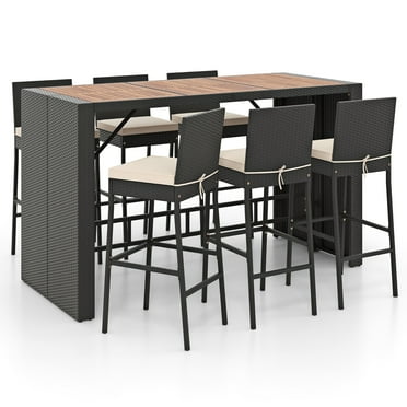 Gymax 7 Pieces Patio Bar Set w/ Acacia Wood Tabletop & Removable Cushions Outdoor