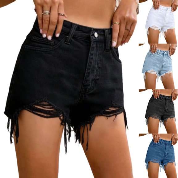 Afuyipoi Women's High Waisted High-Rise Denim Shorts, Wide Leg Distressed Casual Jean Shorts, Lightweight Summer Shorts Black Size L