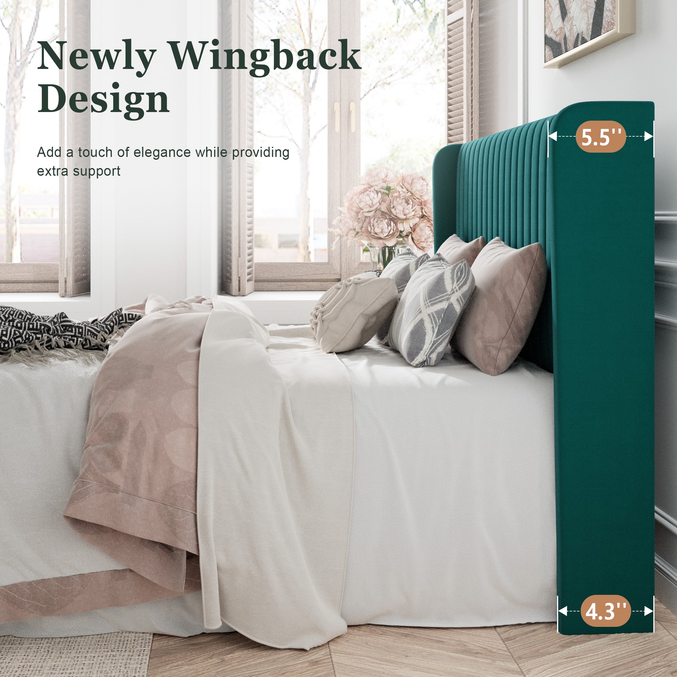 Amolife Velvet Wingback King Size Bed Frame, Upholstered with Vertical Stripes, Lake Blue  (图4) Amolife Velvet Wingback King Size Bed Frame, Upholstered with Vertical Stripes, Lake Blue  (图4)